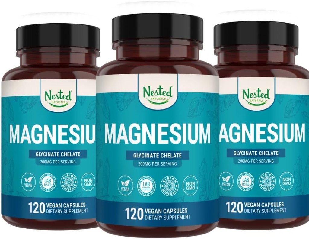 Nested Naturals Magnesium Glycinate Chelate | 근육 크림, 휴식 및 수면 지원을위한 마그네슘 보충 | 100 % Chelated Albion TRACCS 버퍼 마그네슘 글리콜 200mg | (3-Pack)