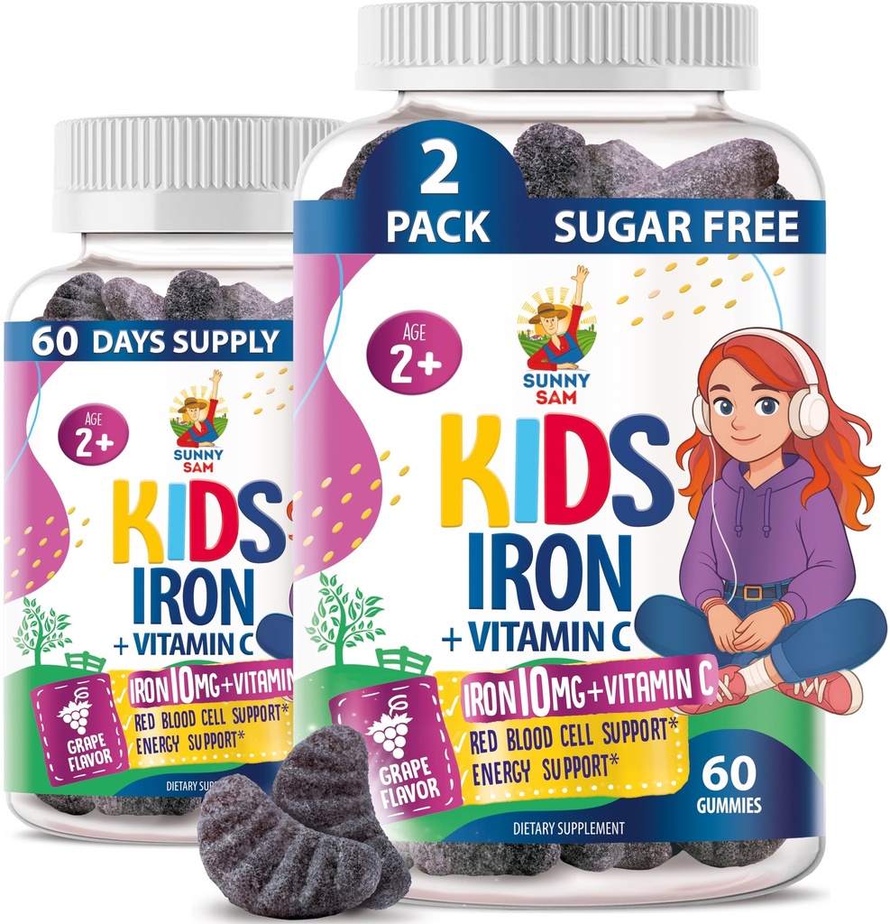 아이 & 청소년을위한 SUNNY SAM 철 Gummies - 비타민 C가있는 10mg 비타민 - 면역 지원을위한 낮은 수갑 Chewable Iron Gummy Supplement, 어린이 및 청소년을위한 빨간색 혈액 세포 생산 지원