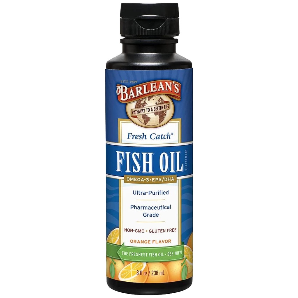 Barlean's Omega 3 물고기 기름 액체 보충교재, 1262mg EPA와 DHA 지방산, 비 GMO 및 글루텐 자유로운, 주황색 풍미, 8개 oz