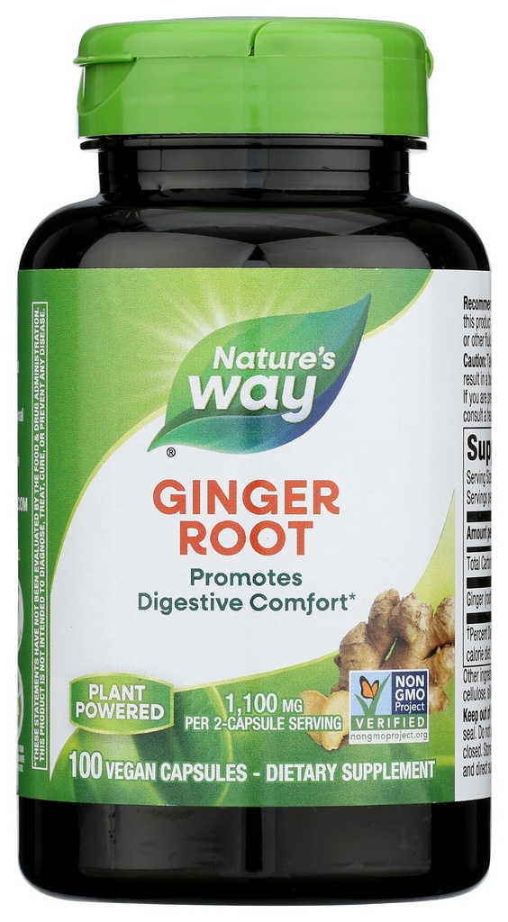 Nature's Way Ginger Root는 Digestive Comfort*, 2 캡슐 서빙 당 1,100 mg, Non-GMO Project Verified, Vegan, 100 캡슐을 홍보합니다.