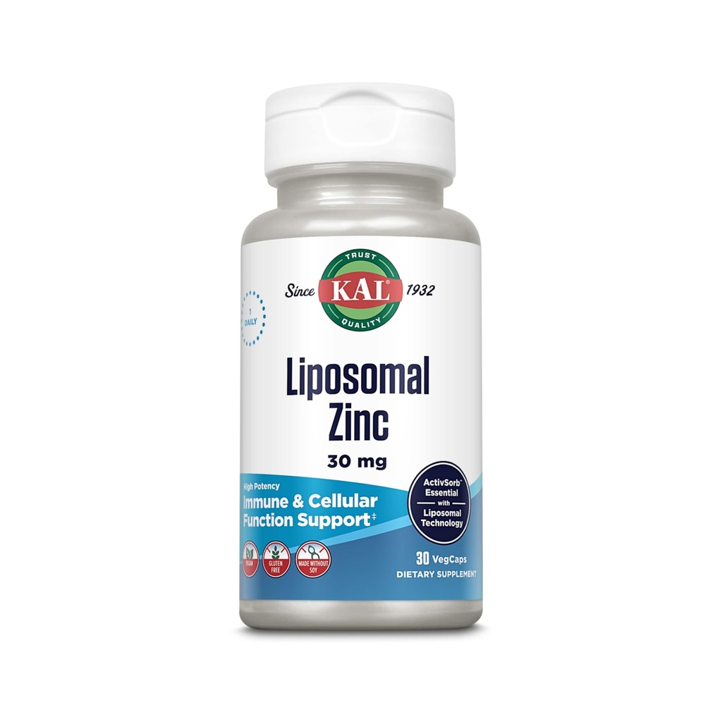 KAL Liposomal 아연 30mg의 세포질 기능 및 면역 지원 보충교재, 강화된 흡수 아연 보충교재, Vegan, 글루텐 자유로운, 콩 자유로운, 30의 서빙, 30의 VegCaps