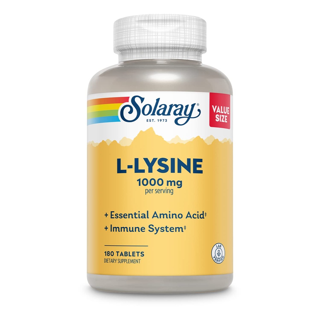 SOLARAY L-Lysine, 자유로운 모양 1000 mg의 비타민 C 1,000 mg 및 아연 25 mg, 가치 크기, 실험실 확인되는 60 일 보장, 60의 서빙, 180의 정제를 가진 정유 지원 보충교재