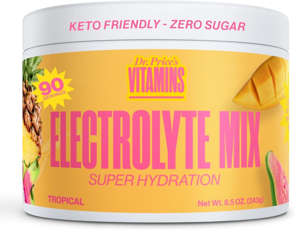 Dr. Price’s Electrolyte Mix | 슈즈프리 히어링 파우더 72+ Trace Minerals | 설탕 없음, 빠른 용해 Electrolytes 분말 패킷 | 열대, 90 서빙