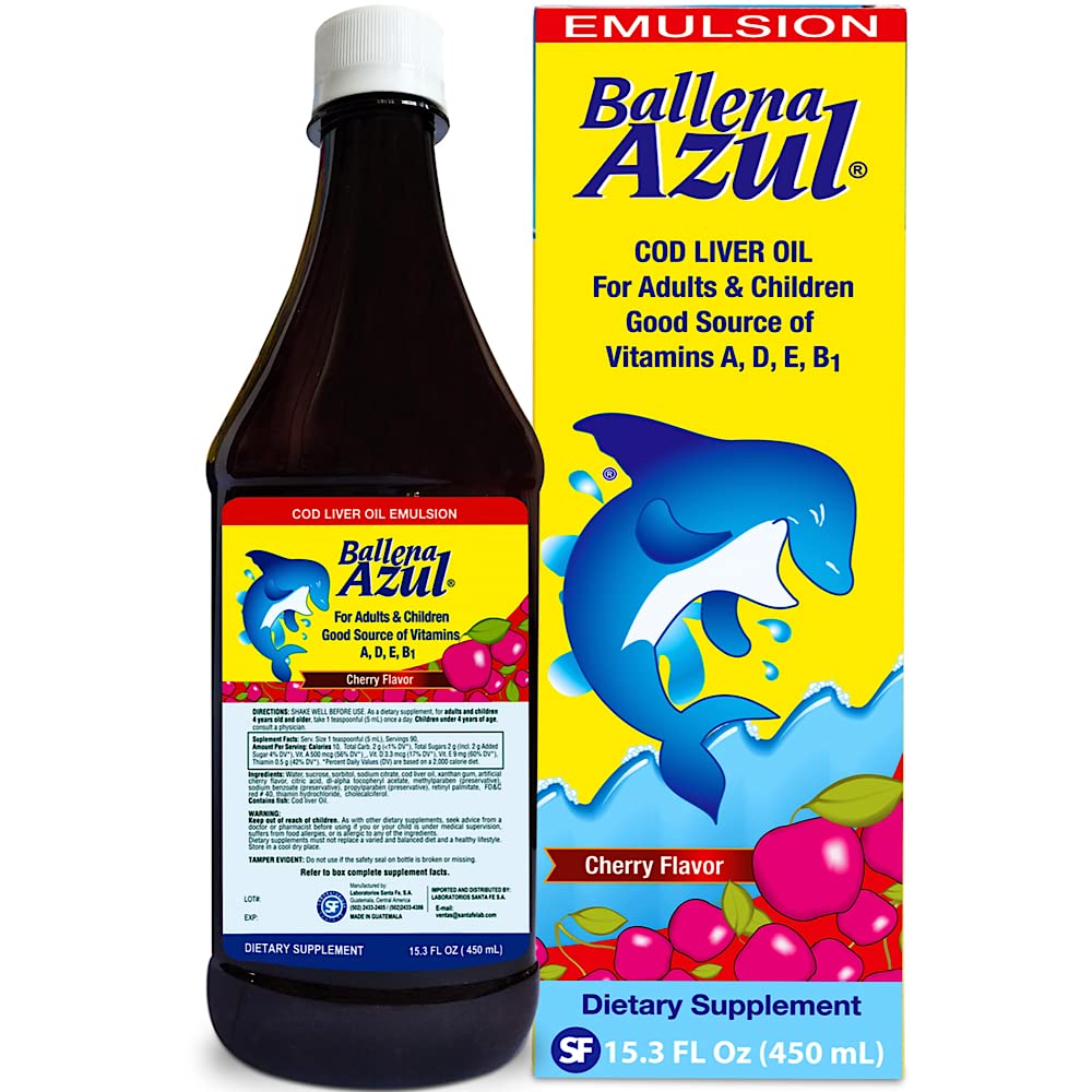 Ballena Azul Aceite de Hígado de Bacalao para Adultos y Niños, 성인과 어린이를위한 COD 간장 오일, 비타민 A, D, E, B1, 규정식 보충교재, 오메가 3, Inmune System Boost, Cherry (Cherry 15 OZ)