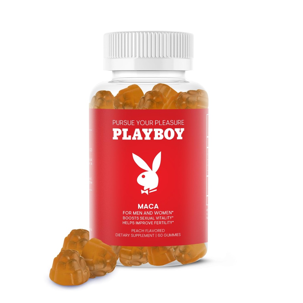 Playboy - 여성과 남성을위한 마카 뿌리 구미 (60 카운트 - 복숭아 맛) - 부스트 성 활력, 리비도, 불임 - 마카 구미 보충 - 100 % 자연, 비 GMO - 4 : 1 추출물 마카 페루 나