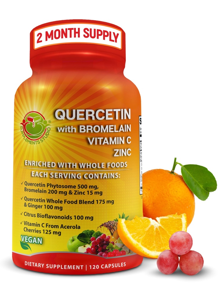 Bromelain 비타민 C와 아연을 가진 Quercetin 유기 전체적인 음식 - 서빙 당 1215mg - Immune 지원을 위한 Ginger와 Flavonoids를 가진 Quercetin Phytosome 500mg 캡슐 - 120 조사