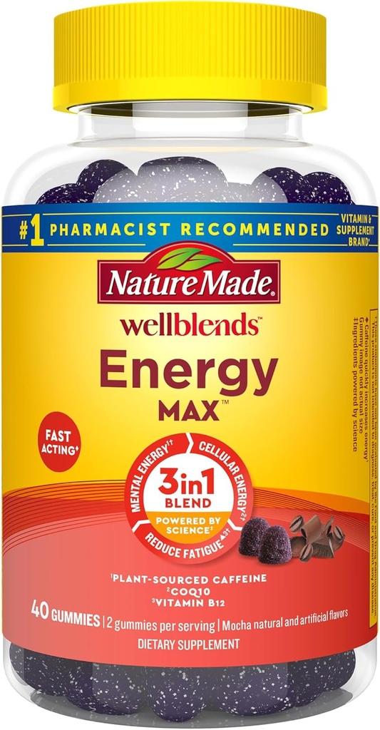 성격은 Wellblends EnergyMAX Gummies, 빠른 행동 카페인, CoQ10 & 비타민 B12 1000mcg, 에너지 지원 거미 비타민, 40 Gummies를 만들었습니다