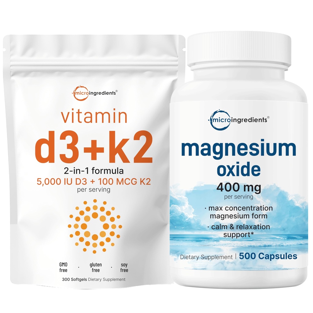 마이크로 성분 비타민 D3 5,000iu + K2 100mcg Softgels & 마그네슘 산화물 400mg 뭉치 팩 | 근본적인 선샤인 비타민 | 최대 농도를 위한 성분 모양