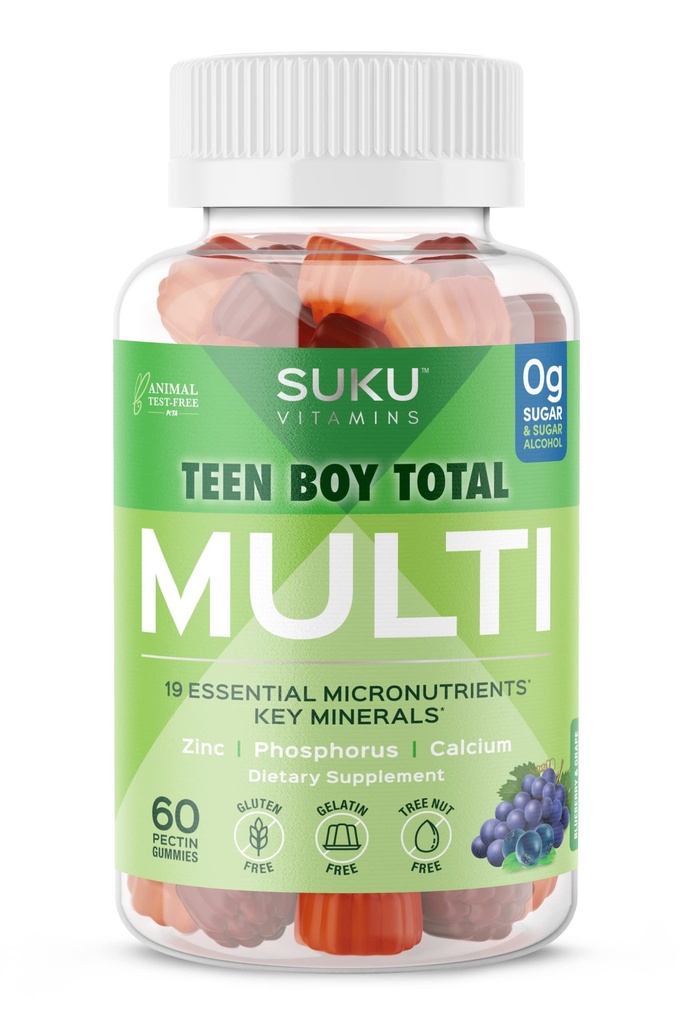 SUKU Teen Boy Multivitamin Gummies - 비타민 A, B12, C, D3, E, 아연 및 Biotin - 에너지, 성장, 면역 및 뼈 건강을 위한 설탕 자유로운 채식 보충교재 – 포도 풍미 – 60 조사