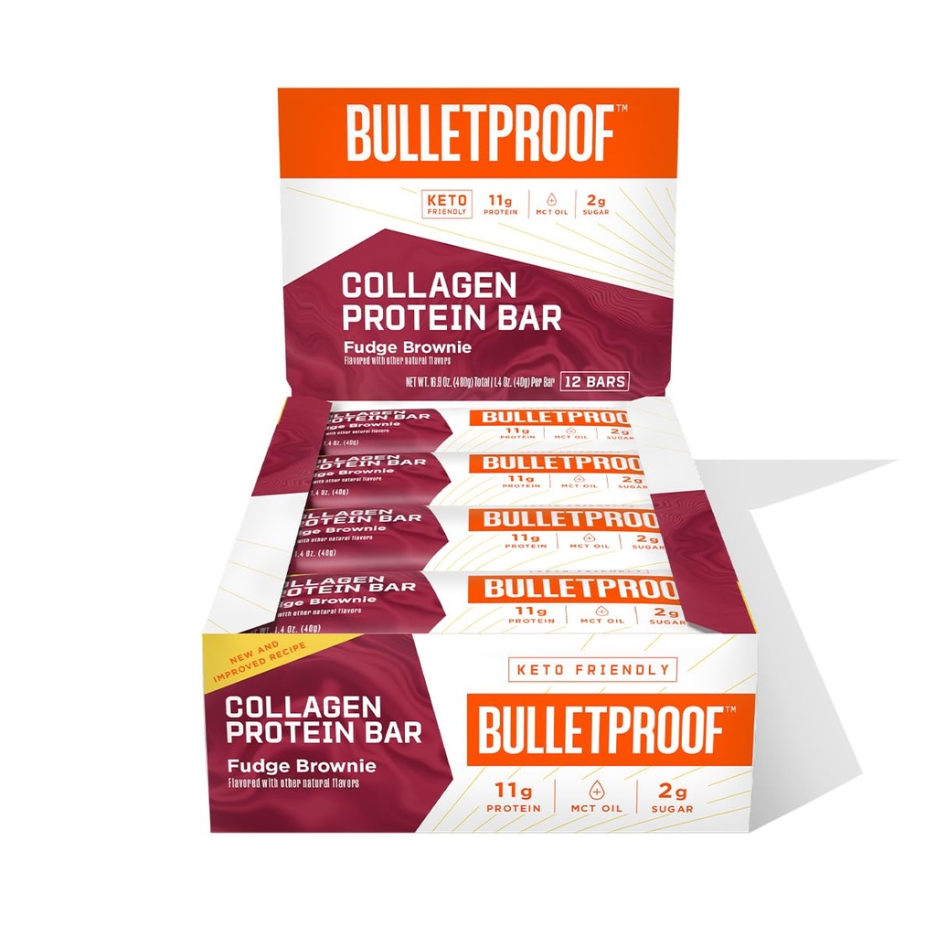 Bulletproof Fudge Brownie Collagen Protein Bar, 12, MCT Oil, Grass-fed Collagen, Sugar와 Keto-Friendly Snack 팩