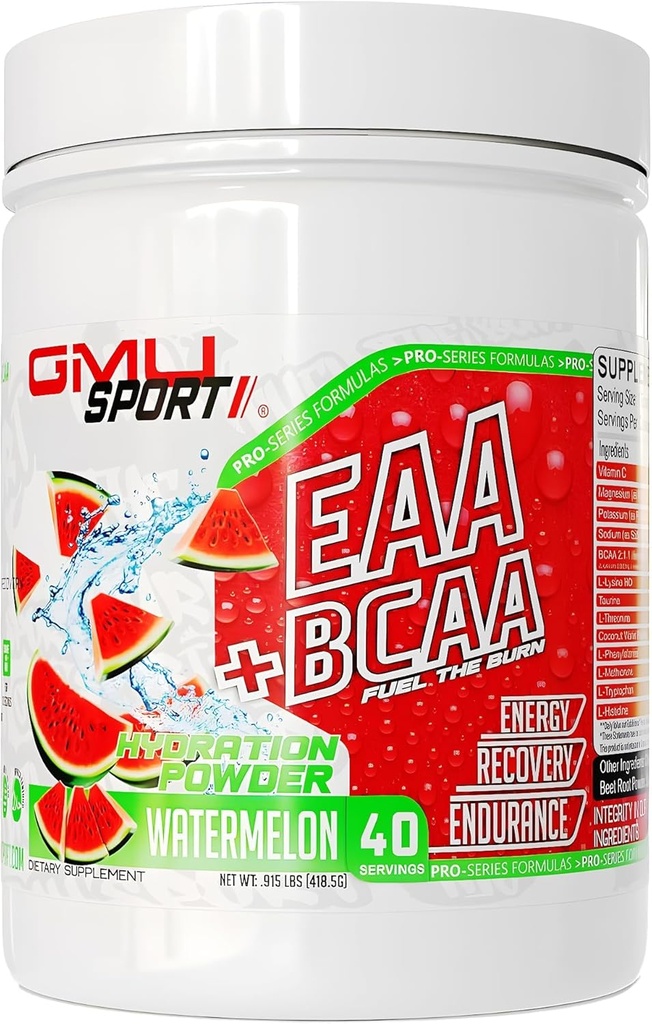 GMU SPORT EAA + BCAA 파우더 - 필수 아미노산 및 전해질 음료, 수화, 남성 및 여성을위한 회복 | 런너를위한 근육 지원 음료 | 설탕 무료 아미노산 - 40 인분 - 수박