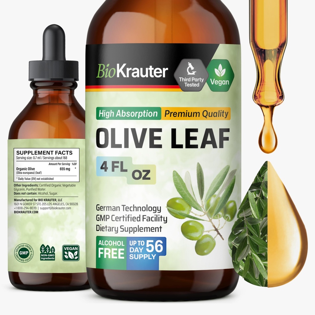 BIO KRAUTER 올리브 리프 추출물 액체 - Immune 지원을위한 올리브 리프 소총 - 알코올 및 설탕 무료 - Vegan Drops 4 Fl.Oz.