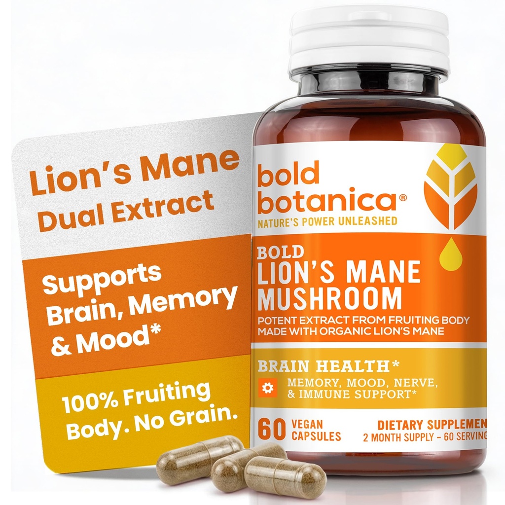 Bold Botanica Lion 's Mane Mushroom 캡슐 - 100 % 과일 바디 - 농축 된 유기 사자의 Mane 추출물 - Nootropic Brain Health - Memory, Mood, Immune Support - 60 Vegan 캡슐
