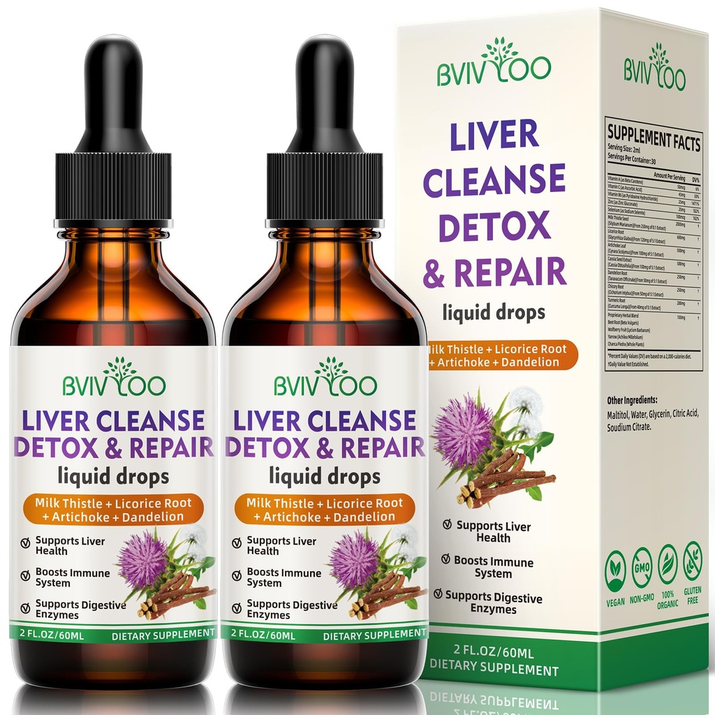 2 팩 Liver 건강 액체 드롭 - 2000mg 우유 이틀, Dandelion 뿌리, Artichoke, Silymarin 추출물, 및 심황 허브 - Vegan, Non-GMO - 4 Fl Oz (120ml)