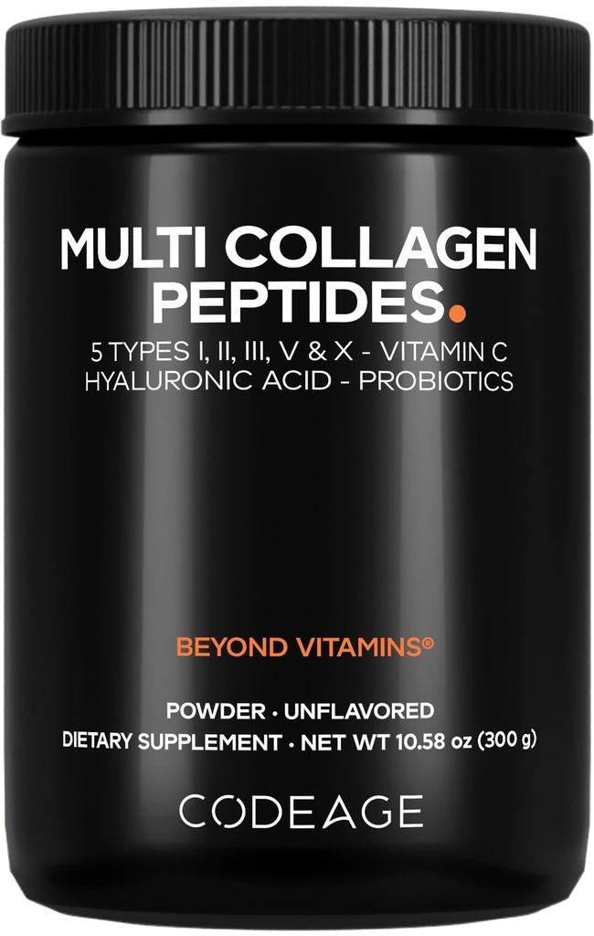 Codeage 다 교원질 펩티드 분말 + Probiotics 까만 판, 비타민 C, Hyaluronic 산 분말 보충교재, 잔디 먹이는, 가수분해하는, 0 Carbs, 유형 I, II, III, V & X, Unflavored, 10.58oz