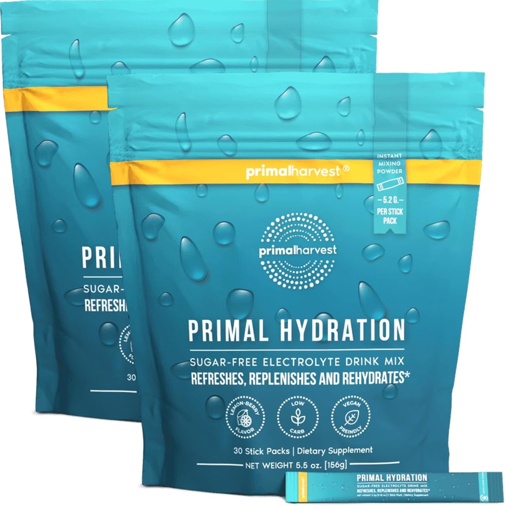 Primal Harvest Electrolytes Powder Packets Primal Hydration, Easy Open Packets, 에너지 음료 혼합 2 팩 번들 (레몬 베리, 60 팩)