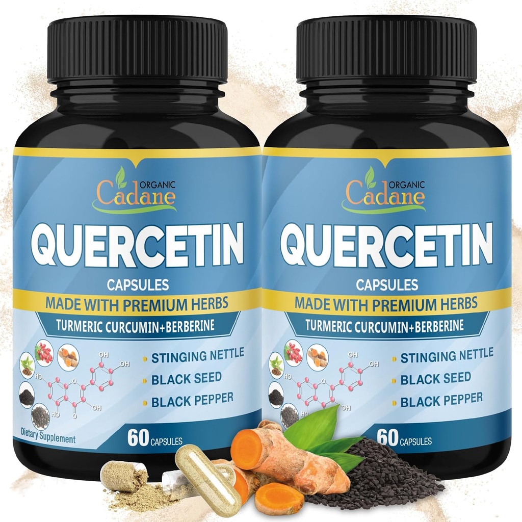 유기 Cadane 2 팩 Quercetin 보충제 캡슐, 6in1 Turmeric, Berberine, Sting Nettle, Black Seed, Black Pepper - Immune System 지원 - 4 개월 공급