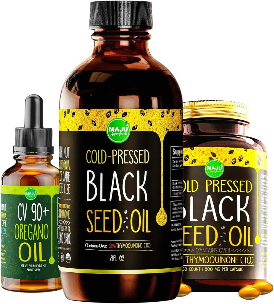 Maju Superfoods 검은 씨앗 기름과 Oregano 번들