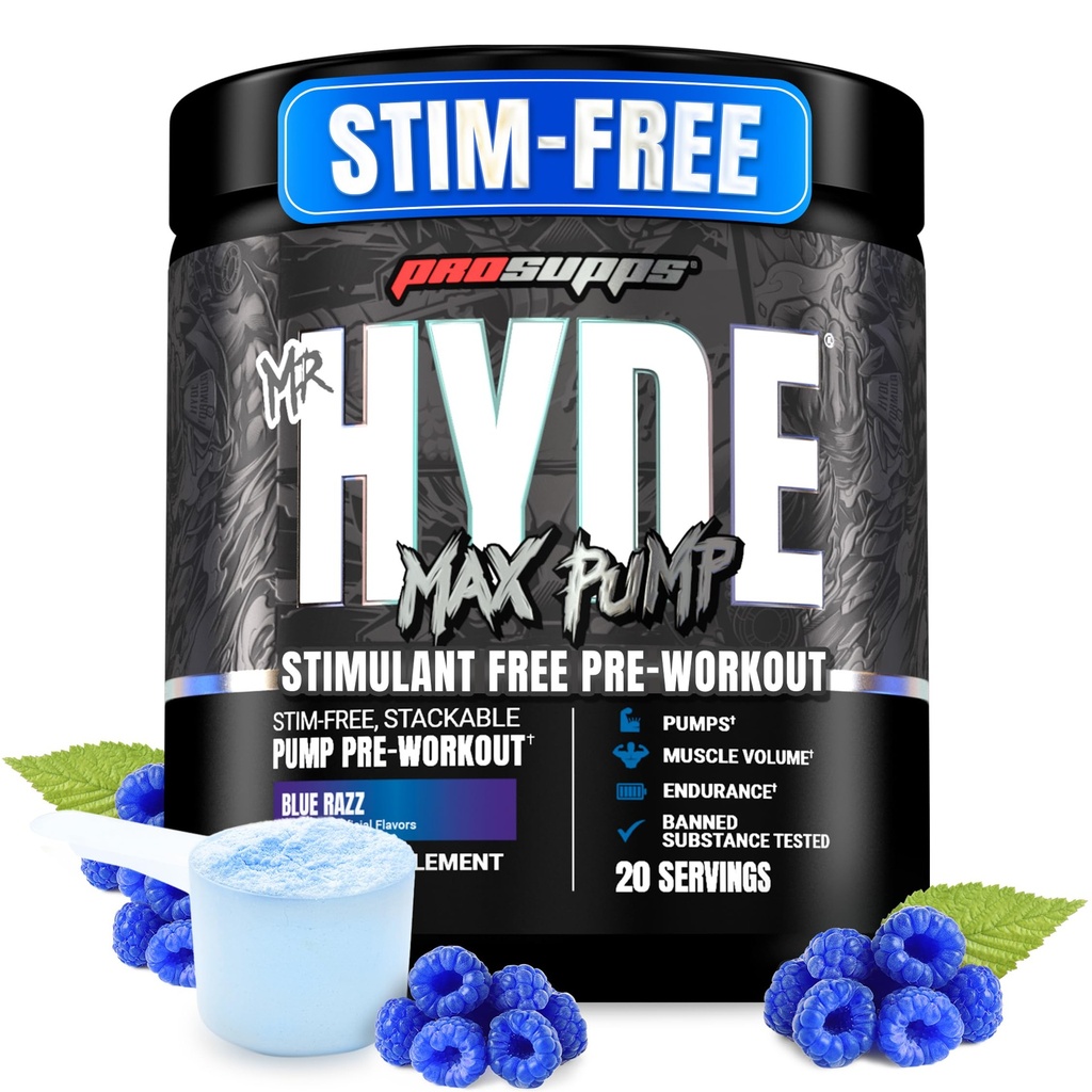 ProSupps Mr. Hyde Max Pump Pre Workout Powder - Stim-Free Preworkout Support Blood Flow, Muscle Volume & Endurance - Caffeine-Free Nitric Oxide Gym & Fitness Supplements (블루 레이즈, 20 서빙)