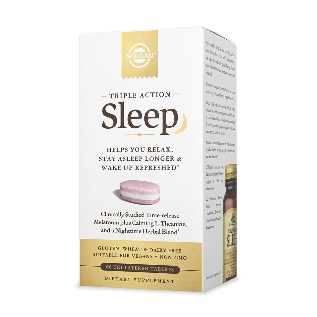 Solgar Triple Action Sleep, 60 Tri-Layer Tablets - Time-Release Melatonin & L-Theanine Plus Herbal Blend - 당신이 휴식을 취할 수있는 도움말, 가을 Asleep Fast & Stay Asleep Longer - Non-GMO, 글루텐 무료 - 60 서빙