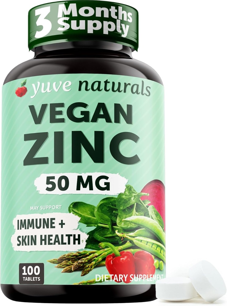 Yuve Naturals Vegan 아연 50 mg - Immune 및 피부 지원을위한 아연 Gluconate - 글루텐 무료, 비 GMO, 식물 기반 - 100 삼키기 태블릿에 쉬운