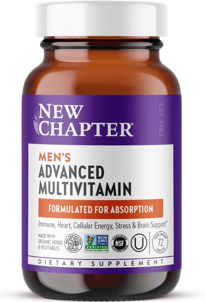 새로운 장 남자의 Multivitamin 스트레스, 두뇌, 면역, 심장 및 에너지 지원, 남성 + 셀레늄 + B 비타민, 72ct에 대한 전체 식품 발효 필수 영양소의 높은 수준