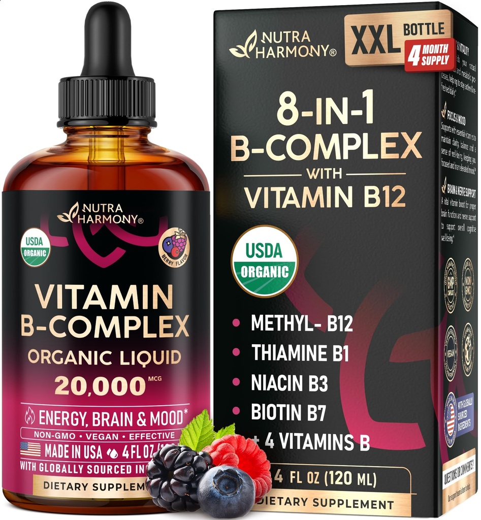 USDA 유기농 비타민 B 복합 B5 Pantothenic 산 | B12 Methylcobalamin | B1 Thiamine | B6 Pyridoxine | B7 Biotin | B9 Folic | B3 Niacinamide - B Complex Liquid Drops, Made in USA Supplement, 4fl oz