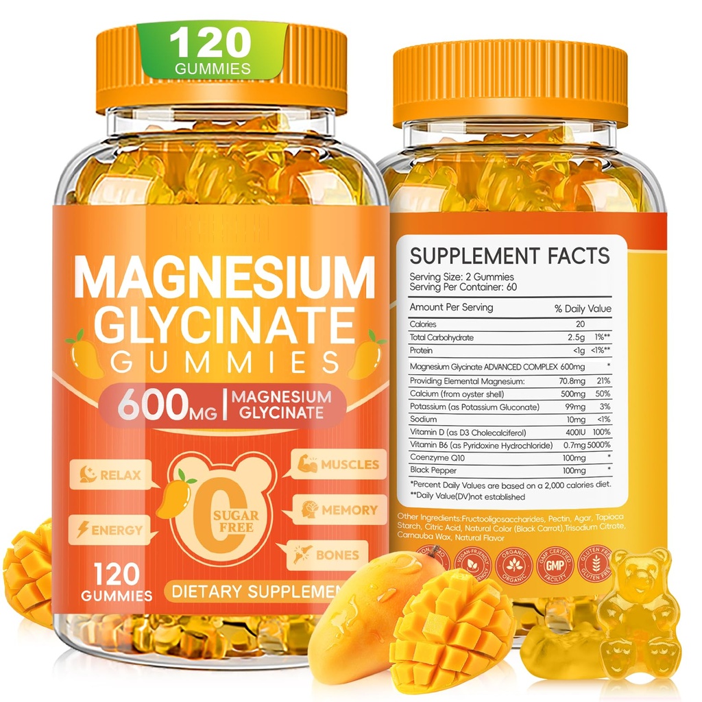 마그네슘 글리세린 Gummies 600mg의 무수한 설탕 마그네슘 마그네슘 Magnesium 글리세라이드, 비타민 D, B6 및 수면, 휴식, 두뇌 및 근육, 120 조사를 위한 CoQ10를 가진 마그네슘 구미
