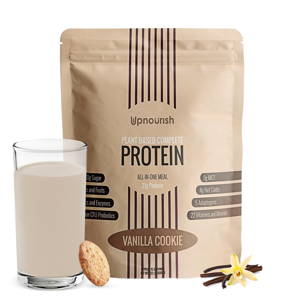 UpNourish 바닐라 쿠키 채식 단백질 분말 54 Superfoods 분말, 1.5 억 CFU Probiotics 21g 식물 기반 단백질, 설탕 없음 낙농 없음 GMO Dairy 무료, Meal 교체 Shake Keto-Friendly 저탄소 다이어트, 15 서빙