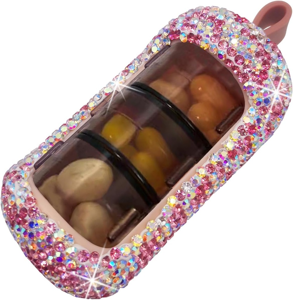 Bling Pill 주최자 - Purse를위한 귀여운 컴팩트 알약 상자 - Sparkling Design이있는 세련된 알약 케이스 - 여행 친화적 인 의약품 홀더 - 슬라이드 인 / 아웃 디자인 알약 주최자 (Pink)