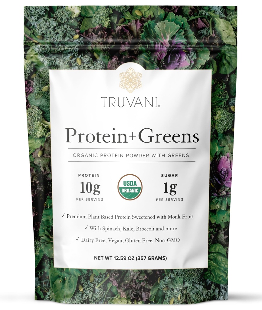 Truvani Protein + Greens Supplement | 시금치, 칼 & 브로콜리 | 10g 유기농 플랜트 기반 단백질 | 20봉 | USDA Organic | 글루텐 & 다이어리 무료 | Vegan | 추가 설탕 없음