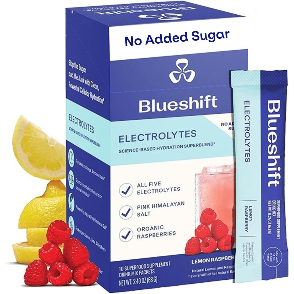 Blueshift Electrolytes - 천연 전해질 분말 패킷, 유기 Hydration 패킷, 설탕, 단일 Serve 팩 - 레몬 라즈베리 맛, 분말 스틱 (10 팩)과 전자 음료 믹스 스틱