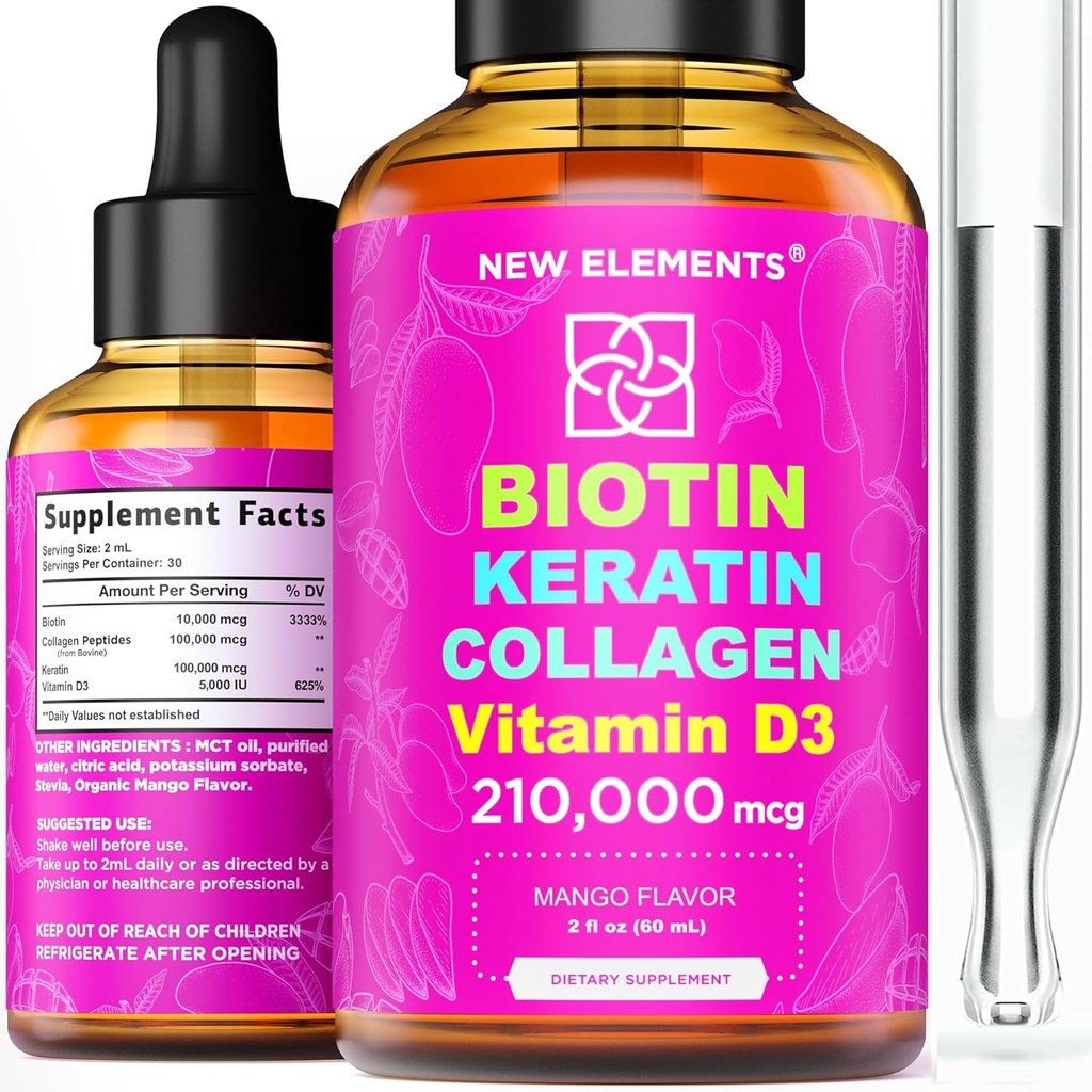 액체 Biotin Keratin 교원질 펩티드 & 머리 성장 MCT 기름 하락을 위한 비타민 D3 210,000mcg – 머리 피부와 못을 위한 강력한 공식, 여자 & 남자를 위한 가장 진보된 머리 성장 보충교재