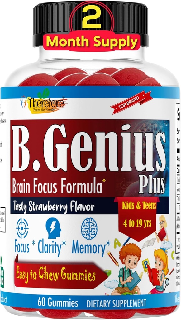 B.Genius Calming Ashwagandha Gummies for Kids and Teens | Calm Sleep and Relax Mood | 일일 포커스 어린이 구미 | 모든 자연 채식 라즈베리 맛, 비 GMO, 제 3 자 시험 | 60 Ct