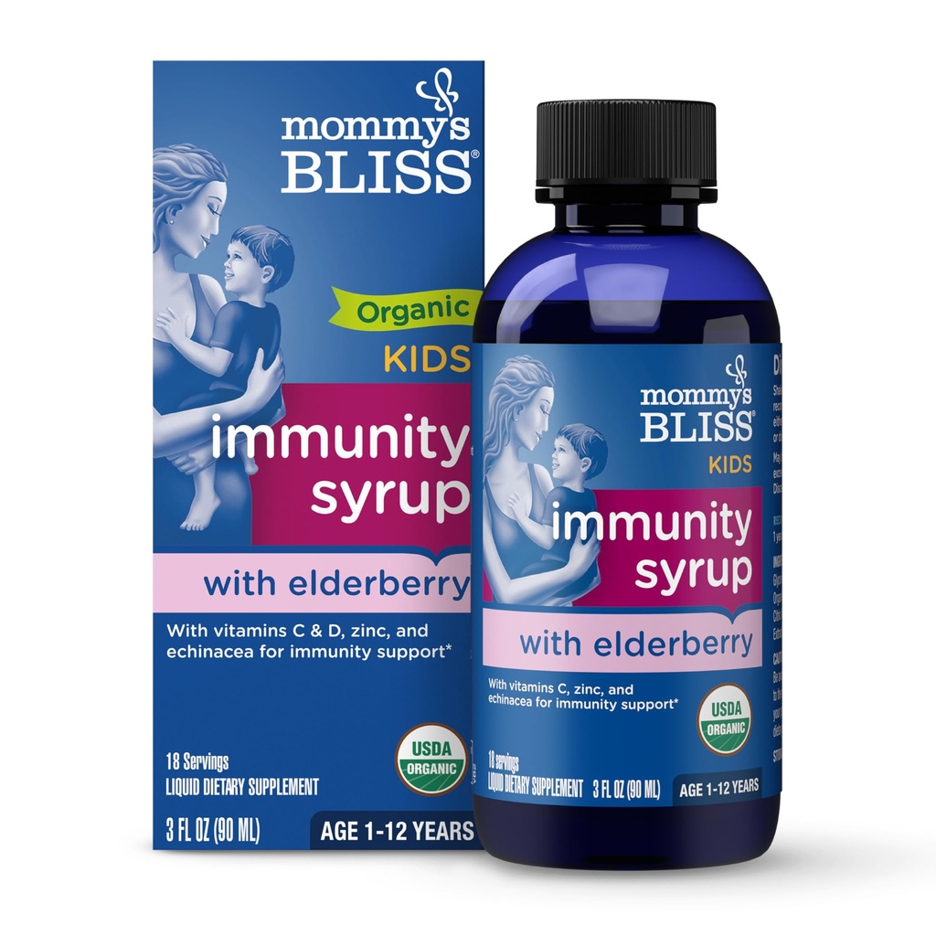 Mommy's Bliss 유기 Elderberry Syrup & 면역 부스트 비타민, 프리 바이오 틱스 & 아이를위한 Echinacea & 성인 1 yr+, 3 Fl Oz