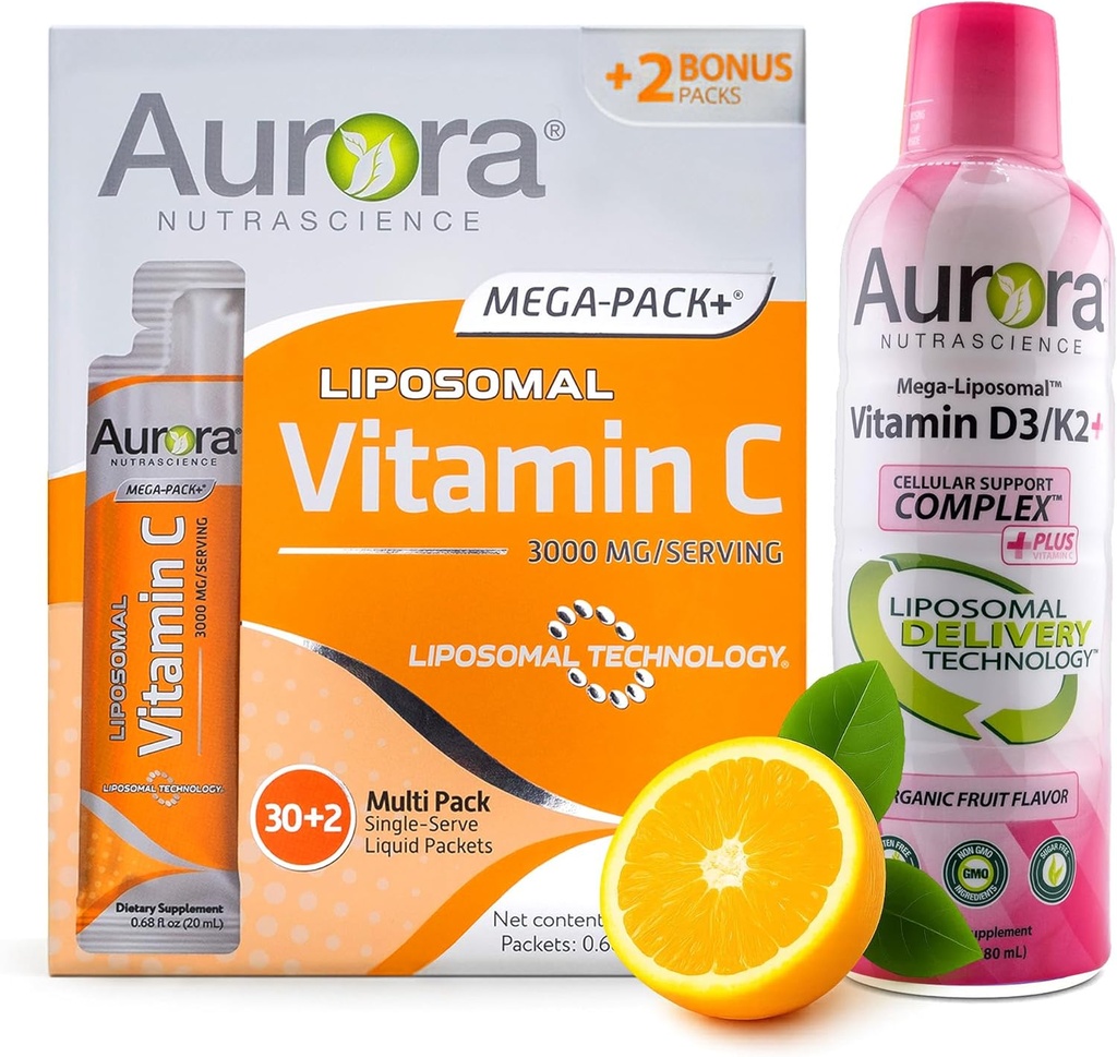 오로라 Nutrascience 메가 Liposomal 비타민 C 32 팩 + 비타민 D3/K2 병 뭉치 - 면역 지원 & 인지 건강을 위한 보충교재 - 32의 서빙 각각