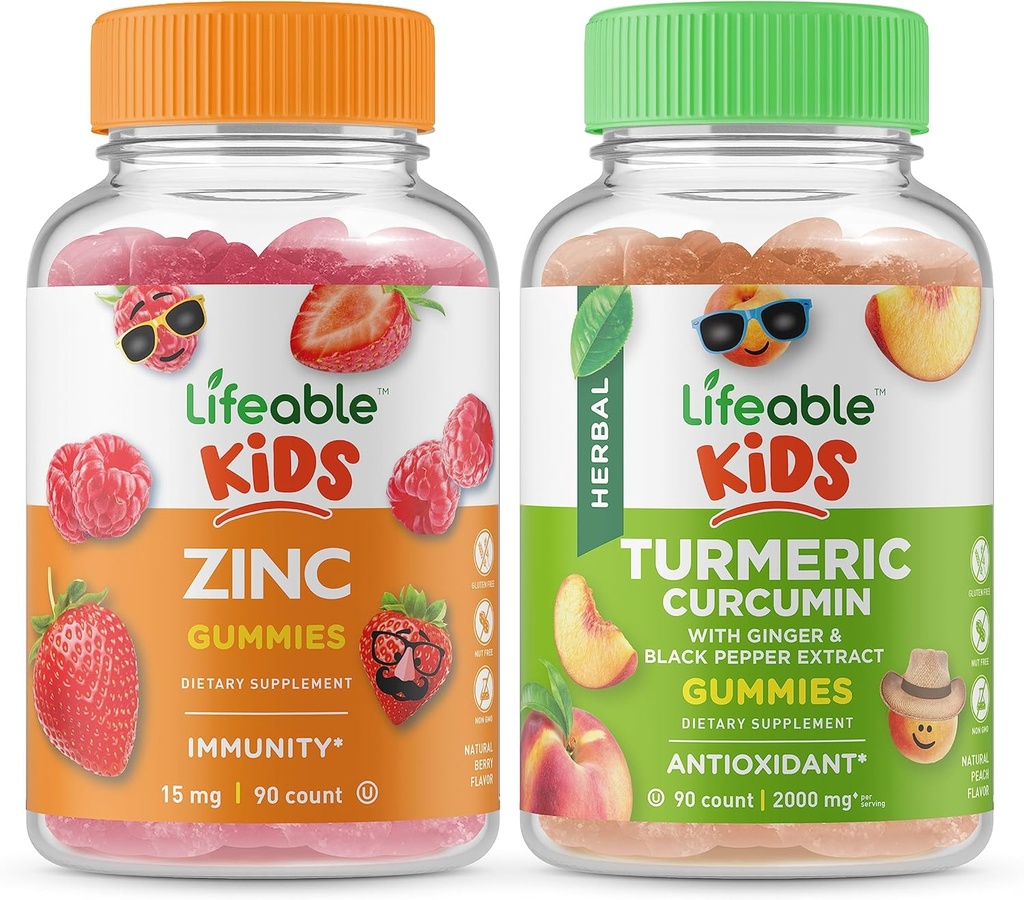 Lifeable Zinc Kids + Turmeric Curcumin Kids, Gummies Bundle - 훌륭한 타스팅, 비타민 보충, 글루텐 무료, GMO 무료, Chewable Gummy