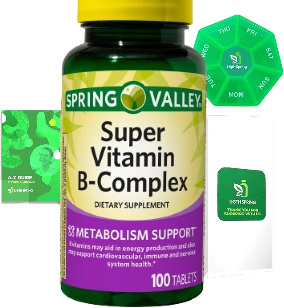 Super Vitamin B-Complex 100 Tablets Dietary Supplement Bundle 독점 더 나은 Ligth & Spring Guide + Weekly Pill Organize (3 항목)