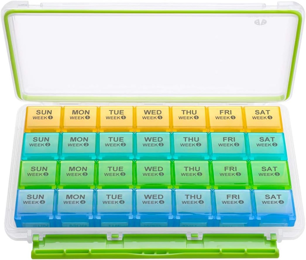 BUG HULL 월간 알약 주최자, 이동식 4 Weeks Pill Case Row, Medicine Pill 주최자, 여행용 약 주최자, 비타민 1 개월 알약 용기가있는 28 일 알약 상자