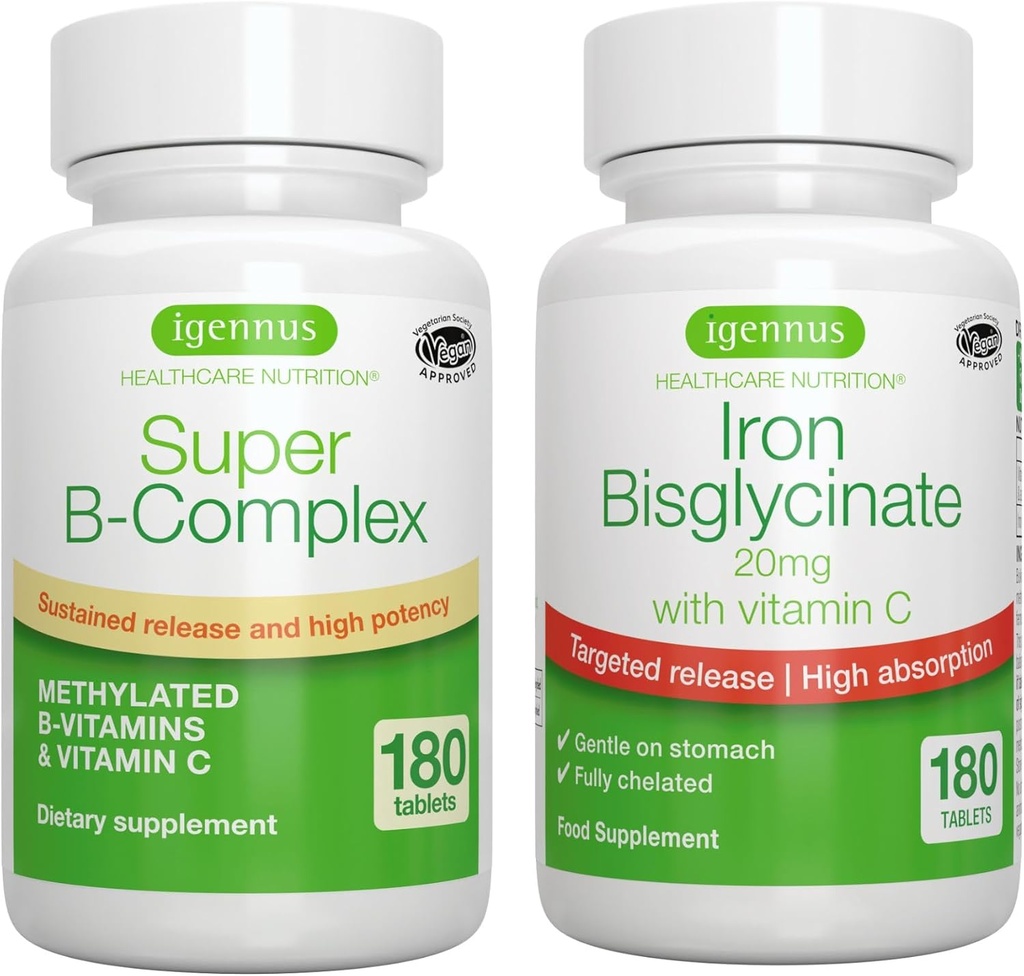 Super B-Complex & 높은 흡수 철 Bisglycinate 20mg 비타민 C, Vegan 번들, 메틸을 섞은 방출 B Complex & 표적 방출을 가진 Gentle 하나 a 일 철, Igennus에 의하여