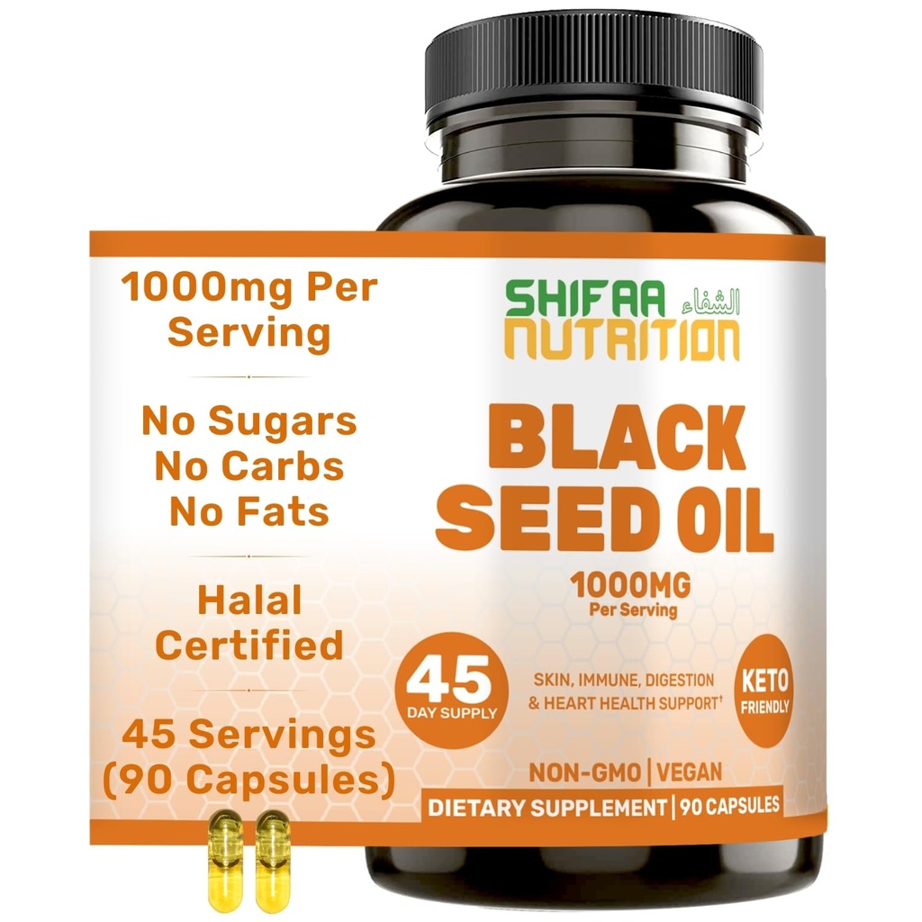 SHIFAA NUTRITION Halal Black Seed Oil | 1000mg 45 인분 | Nigella Sativa, Kalonji | 모발, 피부, 관절, 면역, 심장, 소화 지원