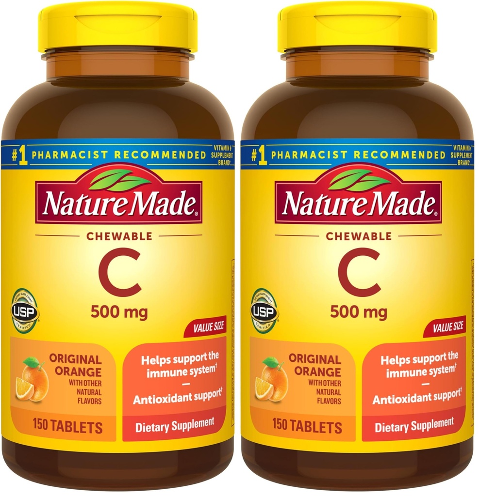 Nature Made Chewable Vitamin C 500 mg, 면역 지원을위한 규정식 비타민 C 보충, 150 정제, 150 일 공급 (팩 2)