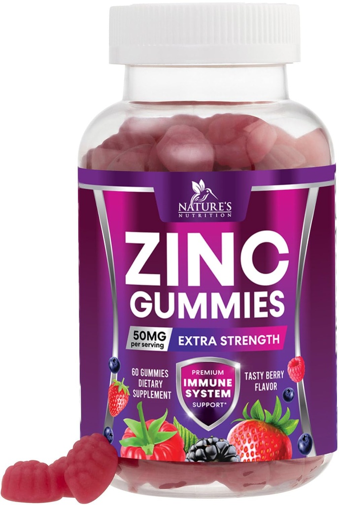 아연 Gummies 50mg - 뼈 피부 & 면역 지원 건강 거미 & 성인을 위한 우수한 산화 방지제 Chewable - 높은 흡수 Vegan, 글루텐 자유로운 아연 보충교재 비타민 - 맛있은 베리 풍미 - 60 Gummies