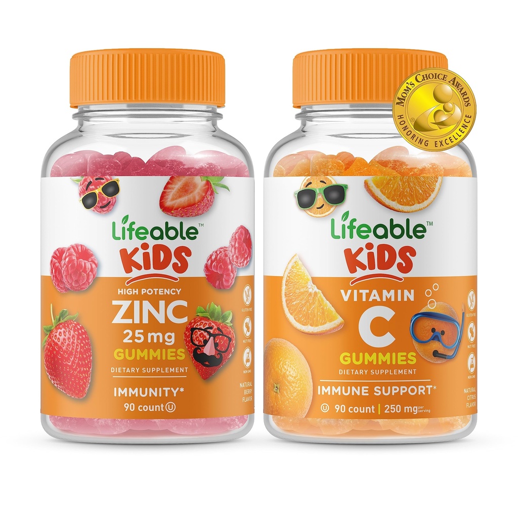 Lifeable 아연 25mg 어린이 + 비타민 C 어린이, Gummies 번들 - 훌륭한 타스팅, 비타민 보충, 글루텐 무료, GMO 무료, Chewable Gummy