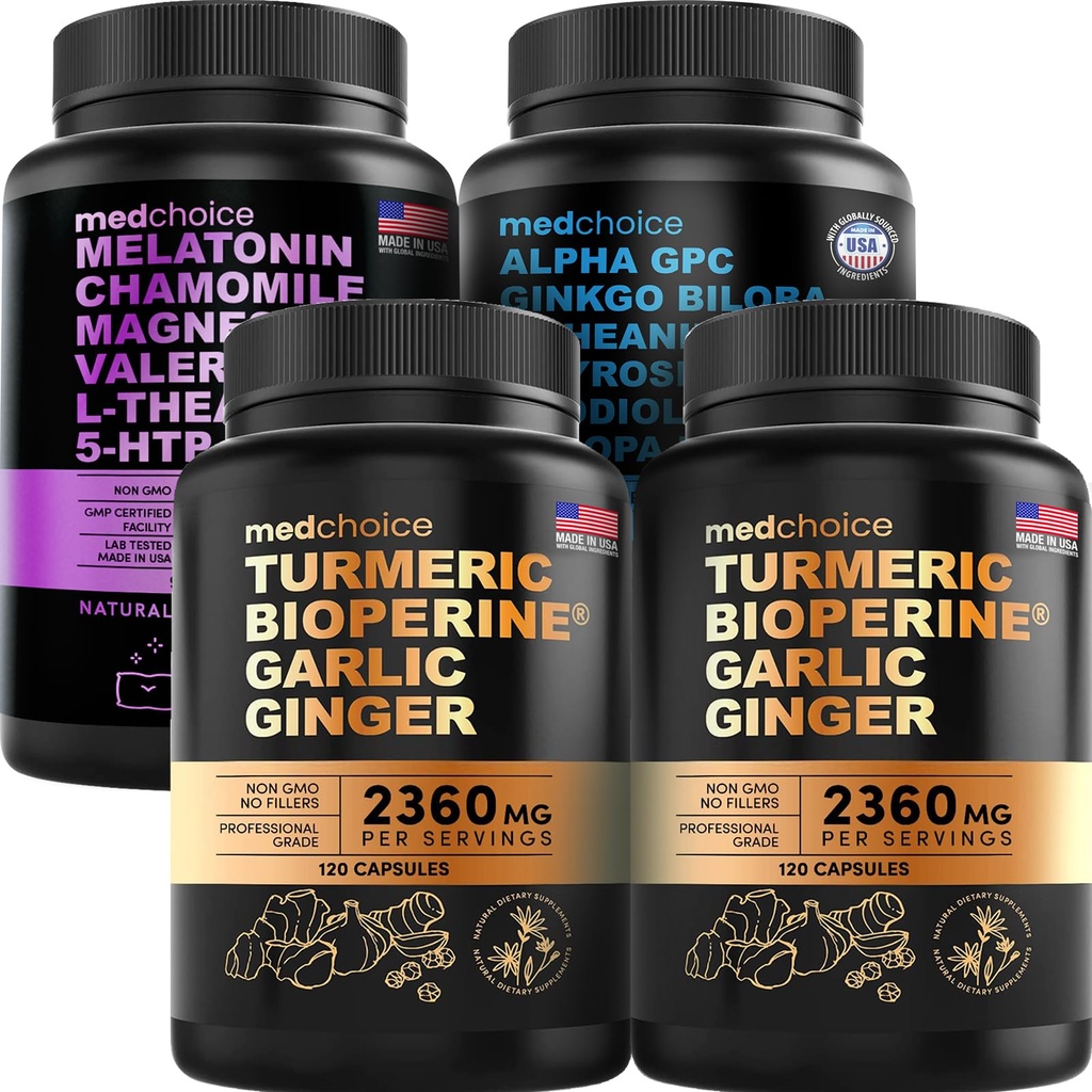 MEDCHOICE Turmeric & Ginger (240ct), 수면 멜라토닌 (90ct) 및 Nootropic Brain (60ct) 보충 번들 - 뇌, 수면, 및 면역 지원을위한 웰빙 트리오 - Vegan, Non-GMO, 글루텐 프리