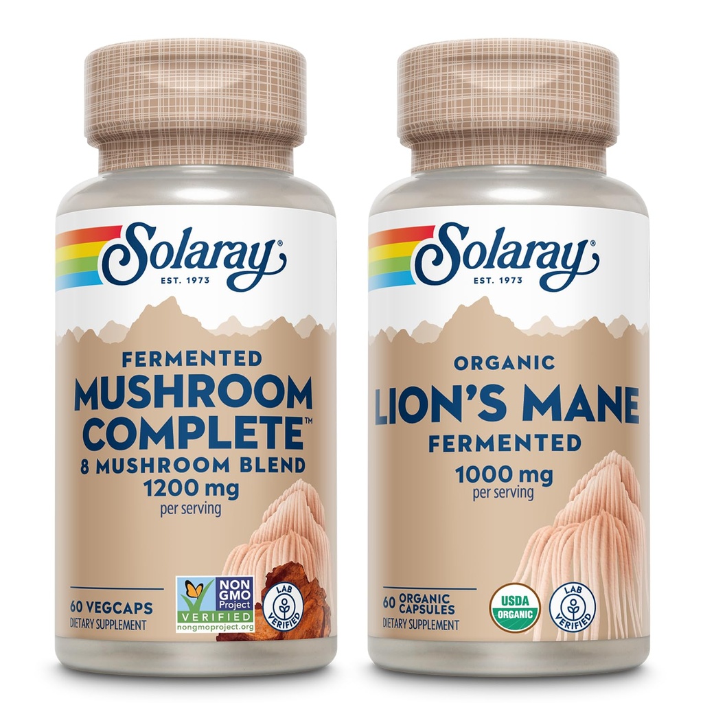 SOLARAY Mushroom Complete and Lions Mane Mushrooms Bundle - 8 Mushroom Supplement Plus Organic Lion's Mane - 향상된 흡수 및 전체 바디 웰니스, 60 일 보증, 60 VegCaps Ea에 발효.