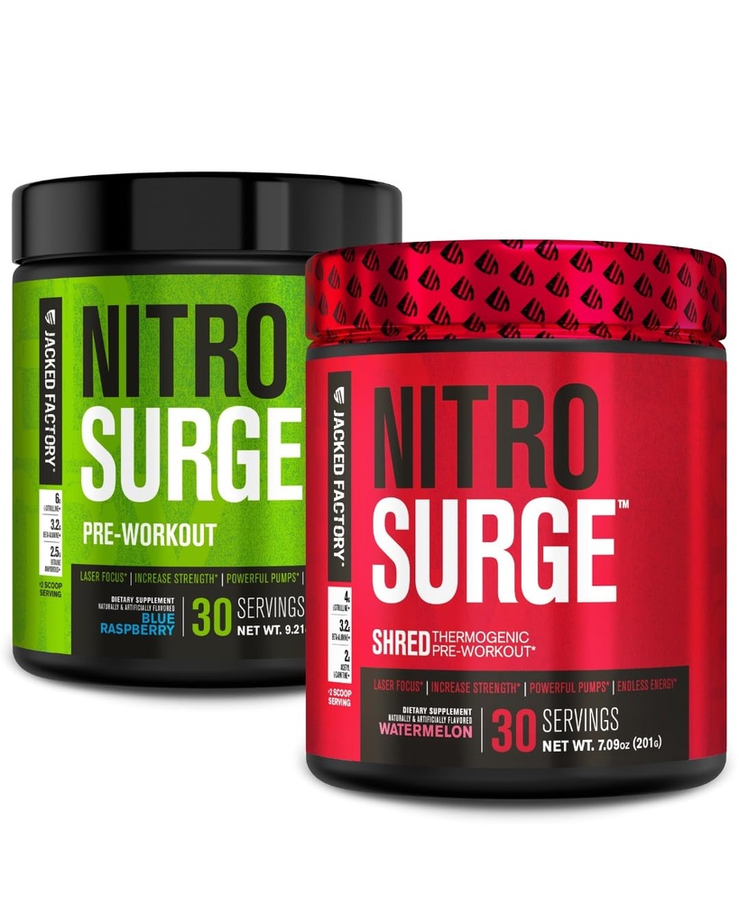 Jacked Factory Nitrosurge는 Blue Raspberry & Watermelon Nitrosurge Shred Thermogenic Pre-Workout의 사전 운동을 제공합니다.