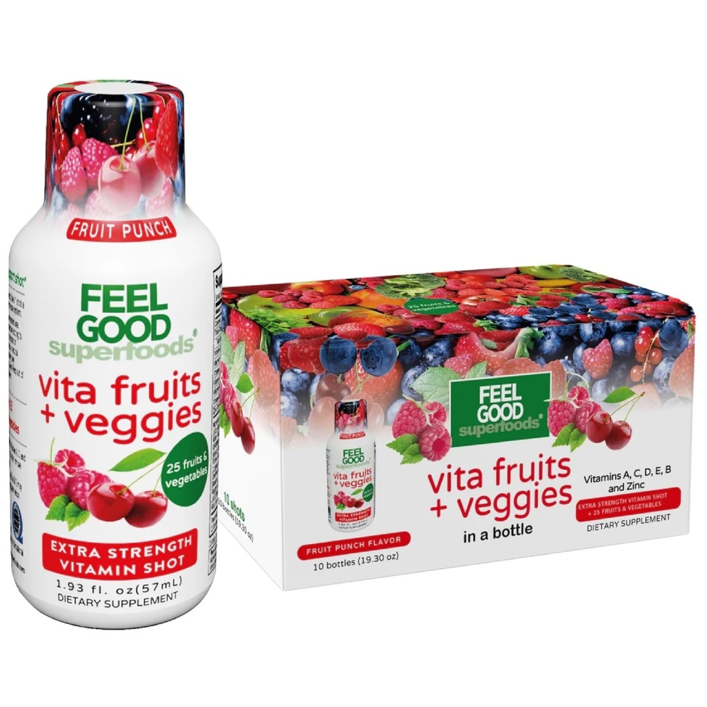 FeelGood Superfoods Vita Fruits and Veggies Immune Support Shot Supplements, 과일 펀치 맛, 10 Immunity 샷 팩, 면역 시스템 부스터 음료 25 유기농 과일 및 야채