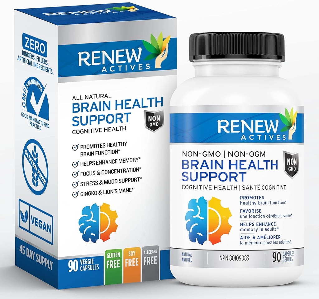 Renew Actives Brain Health Support - Bacopa 300MG, Ginkgo 100MG, 2 캡슐 당 Lion 's Mane 200MG - Cognitive Health, 향상된 메모리를 지원하며 Focus & Mood를 홍보합니다. - 90 캡슐