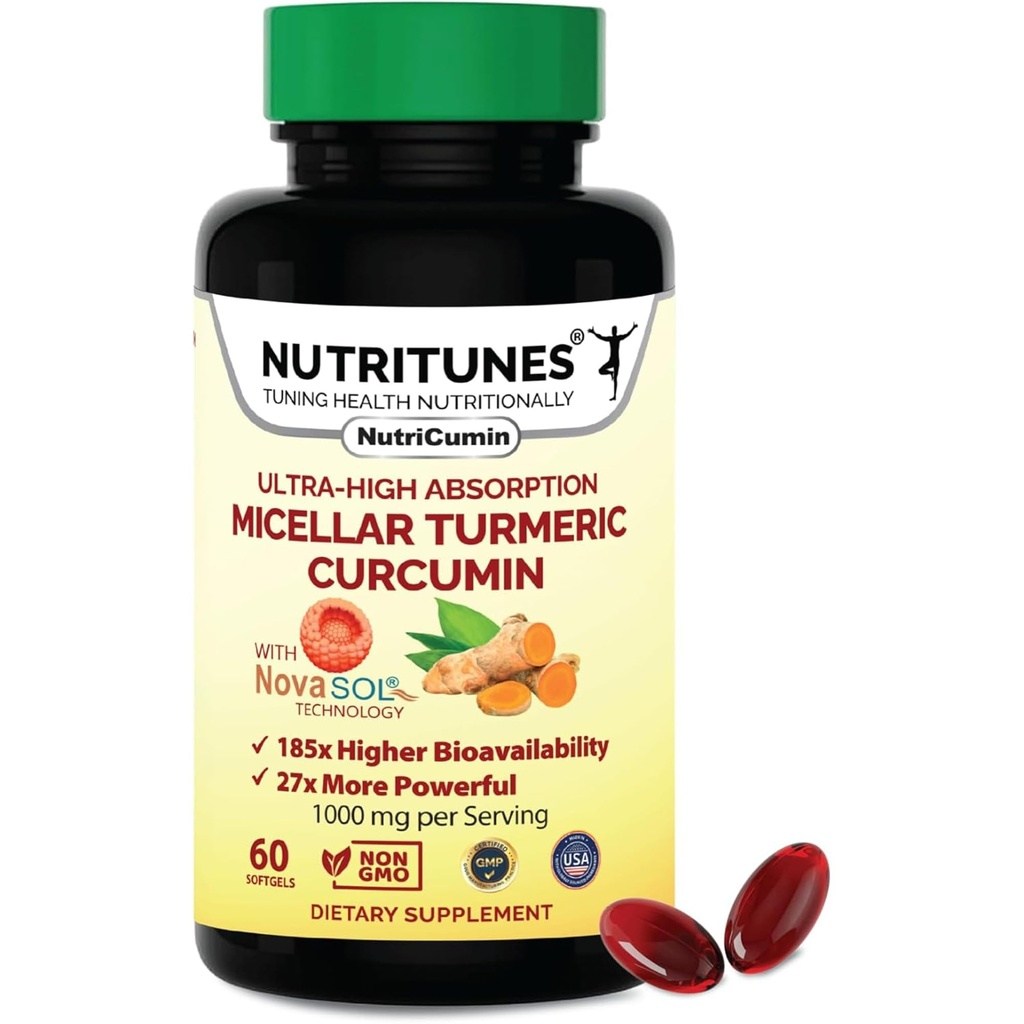 심황 쿠르쿠민 보충교재 합동 지원 185x 생물을 위한 1000mg & NovaSOL 기술을 가진 높은 흡수 – 60 NutriCumin Softgels